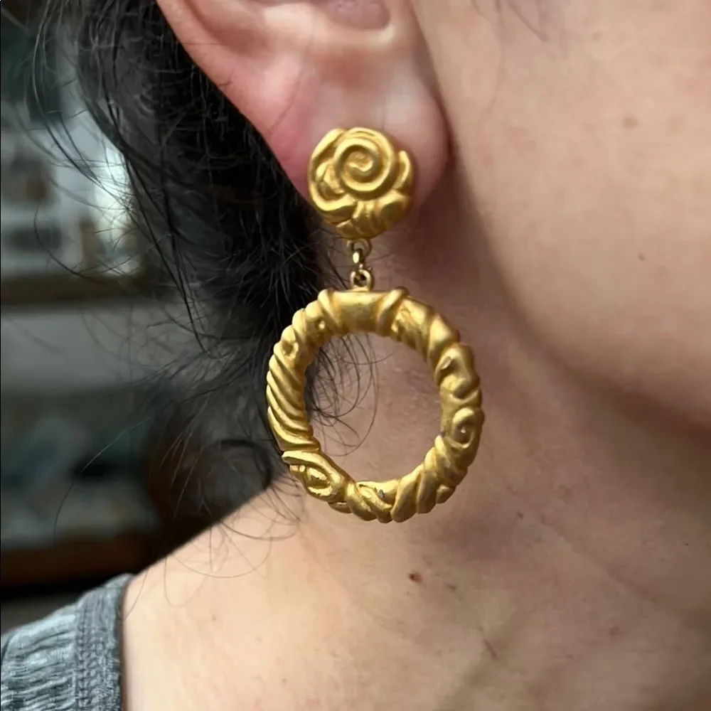 Gold Textured Hoop Earrings with Rosette Studs